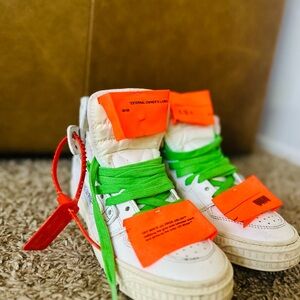 Off-White High-Top Sneakers with Green and Orange Accents